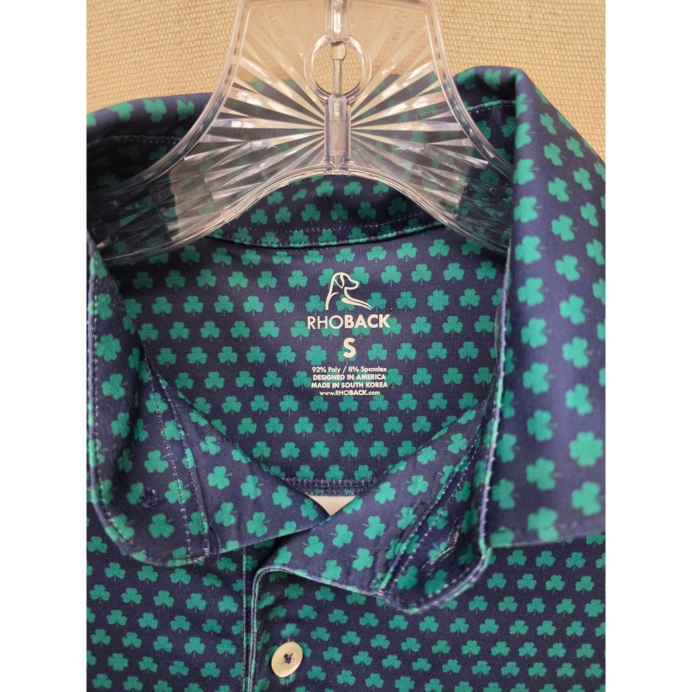 Rhoback Mens Shamrock Polo Shirt Small Blue Green Clover Performance Golf Top - Picture 2 of 6